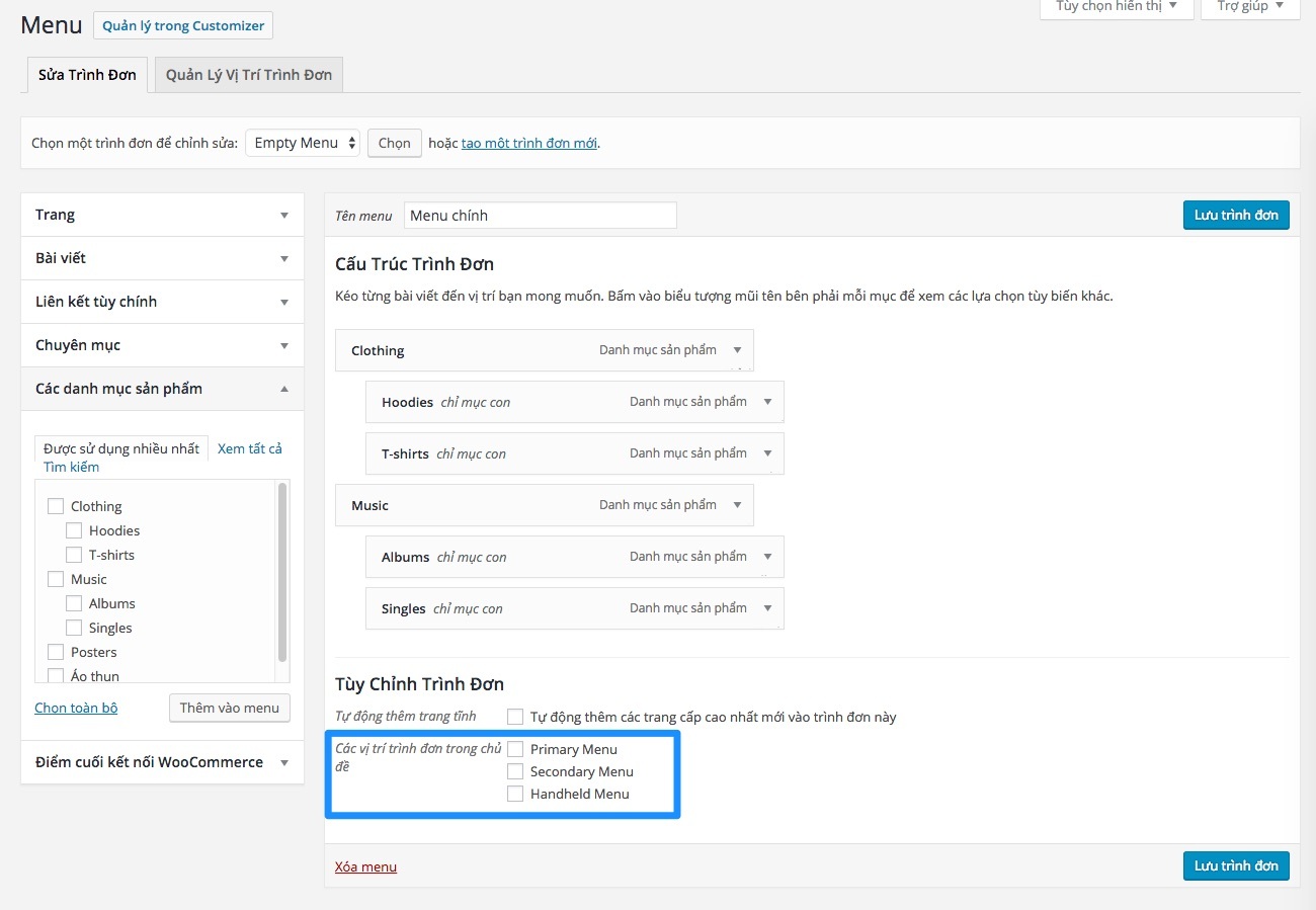 Đưa các trang woocommerce lên menu