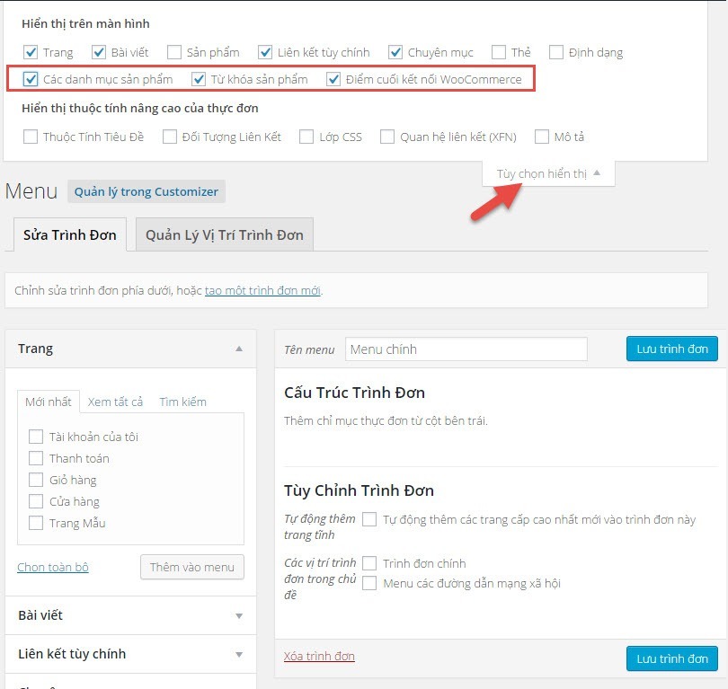Đưa các trang woocommerce lên menu