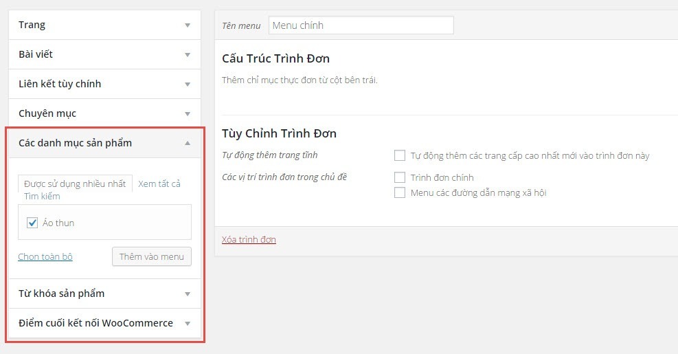 Đưa các trang woocommerce lên menu